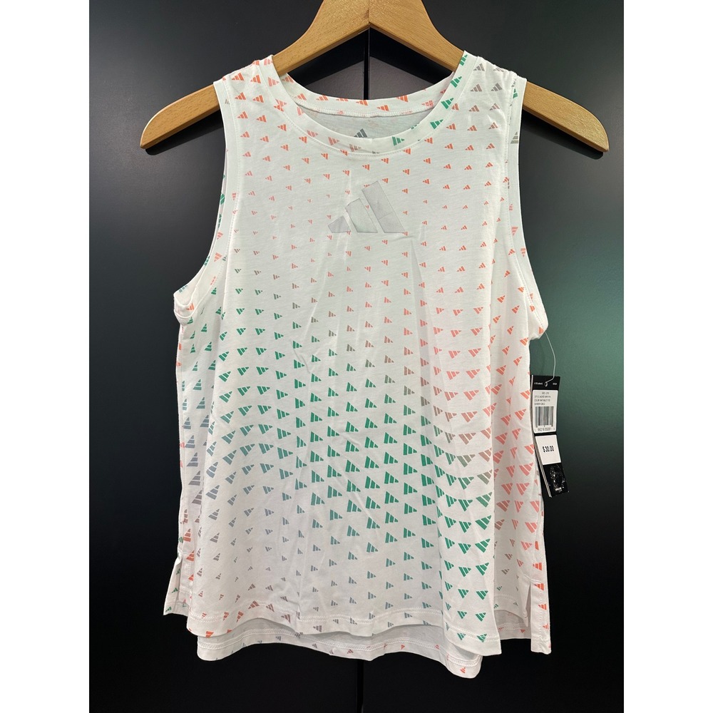 Adidas‎ Girls Large 14 Tank Top White Multi Logo Print AA3107 Sleeveless NEW
